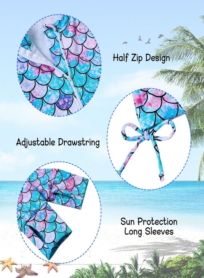 Vogseek Size 9-10 Girl's Bathing Suits 2 Pieces Rashguard 9-10 Years Big Girl Swimming Skirt with Shorts Swimsuit Mermaid Rash Guard Sun Protection Blue Swimwear for Child Beachwear Long Sleeve 3D Printed - Image 3